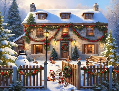 Dogs in a Christmas Cottage Garden 1000 Piece Jigsaw Puzzle