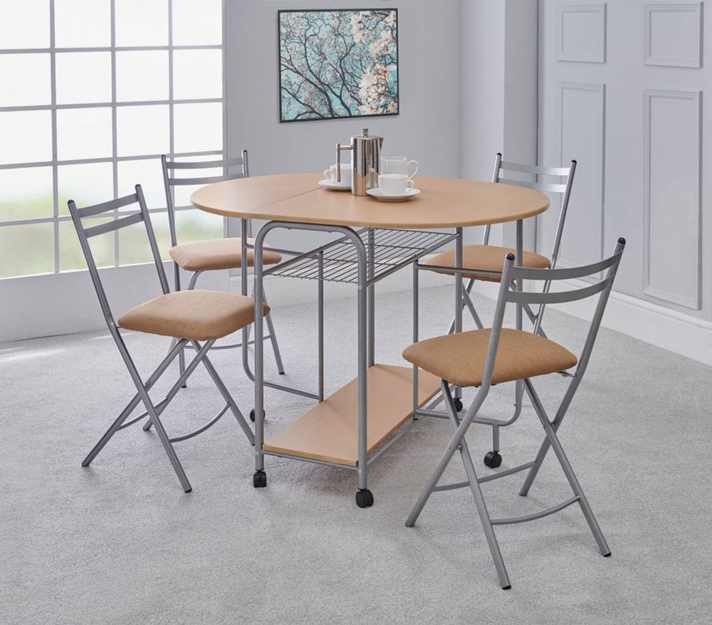 Greenhurst Stowaway Dining Set, Drop Down Table & 4 Folding Chairs, Max Table Size: L115 x D84 x H80cm (Oak and Silver)