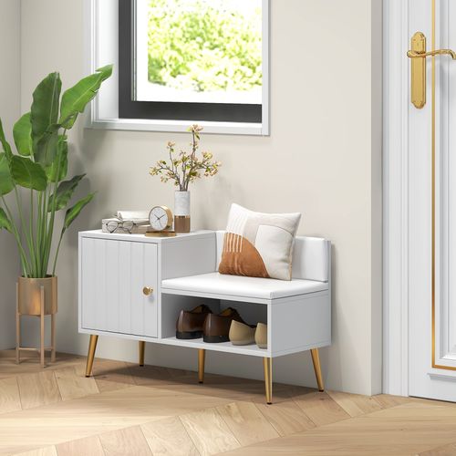 HOMCOM Upholstered Entryway Shoe Bench with Storage Cabinet Open Shelf