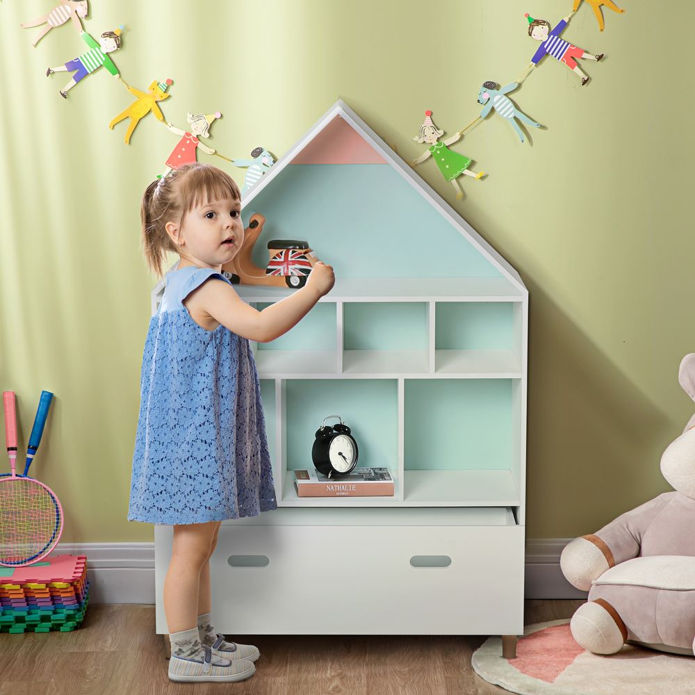 HOMCOM Kids Wooden Bookshelf Chest and Toy Storage Unit w/Drawer, Children's Bookcase Organizer Cabinet Blue/Pink