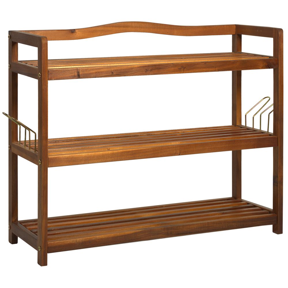 3-Tier Shoe Rack, Acacia Wooden2 Hangers, Holds up to 12 Pairs,