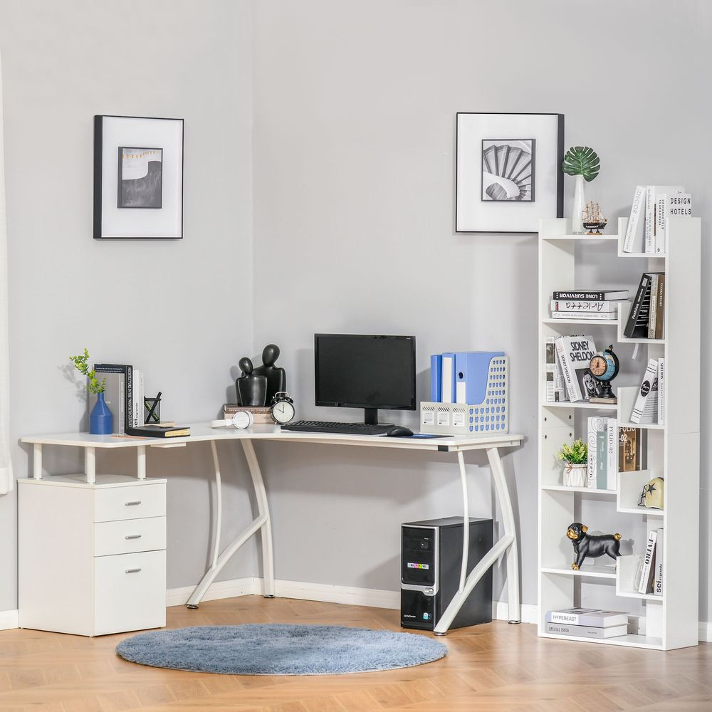HOMCOM L-Shaped Computer Desk Table with Storage Drawer Home Office Corner Industrial Style Workstation for A4 Files 143.5 x 143.5 x 76cm, White