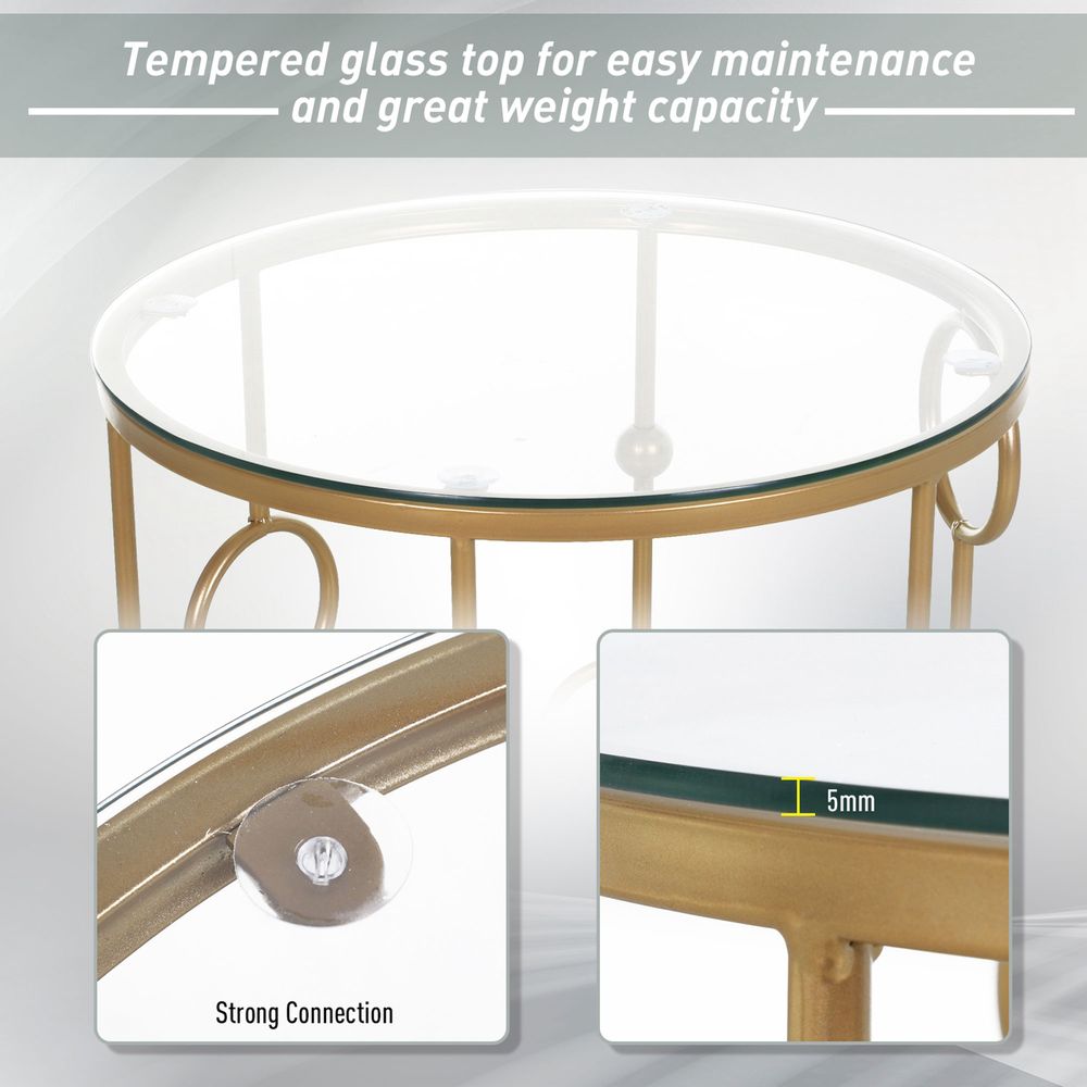 HOMCOM Round Coffee Tables Set of 2, Gold Nesting Side End Tables with Tempered Glass Top, Steel Frame for Living Room, Gold E