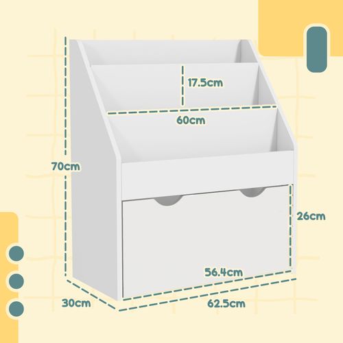AIYAPLAY Kids Bookcase w/ 3 Tier Shelves, Drawer, for Bedroom, Nursery, White