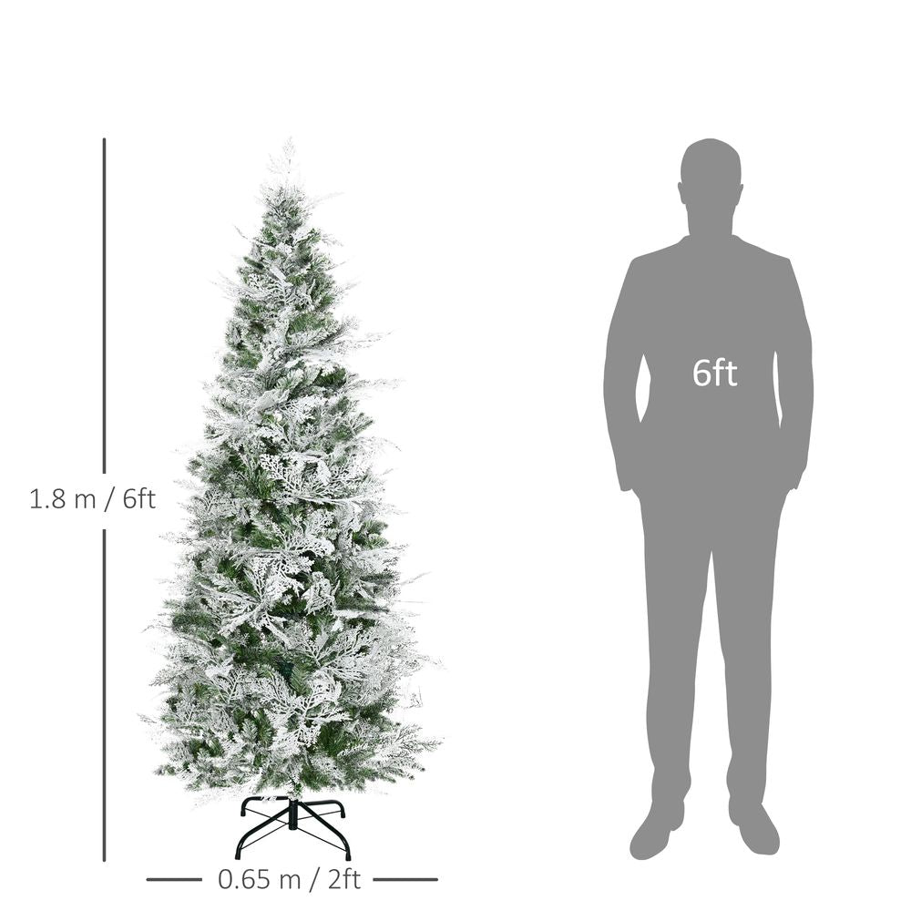HOMCOM 6 Ft Snow Flocked Artificial Christmas Tree Xmas Pine Tree with Realistic Branches, Auto Open and Steel Base, Green