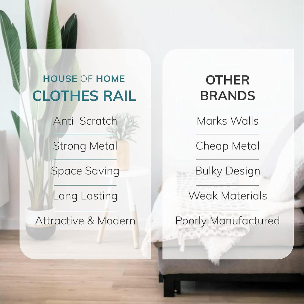 White Clothes Rail: Space Saving Storage with 2 Shelves, Hooks. Sturdy Steel Design, Elegant Style. Perfect for Any Room. 150cm
