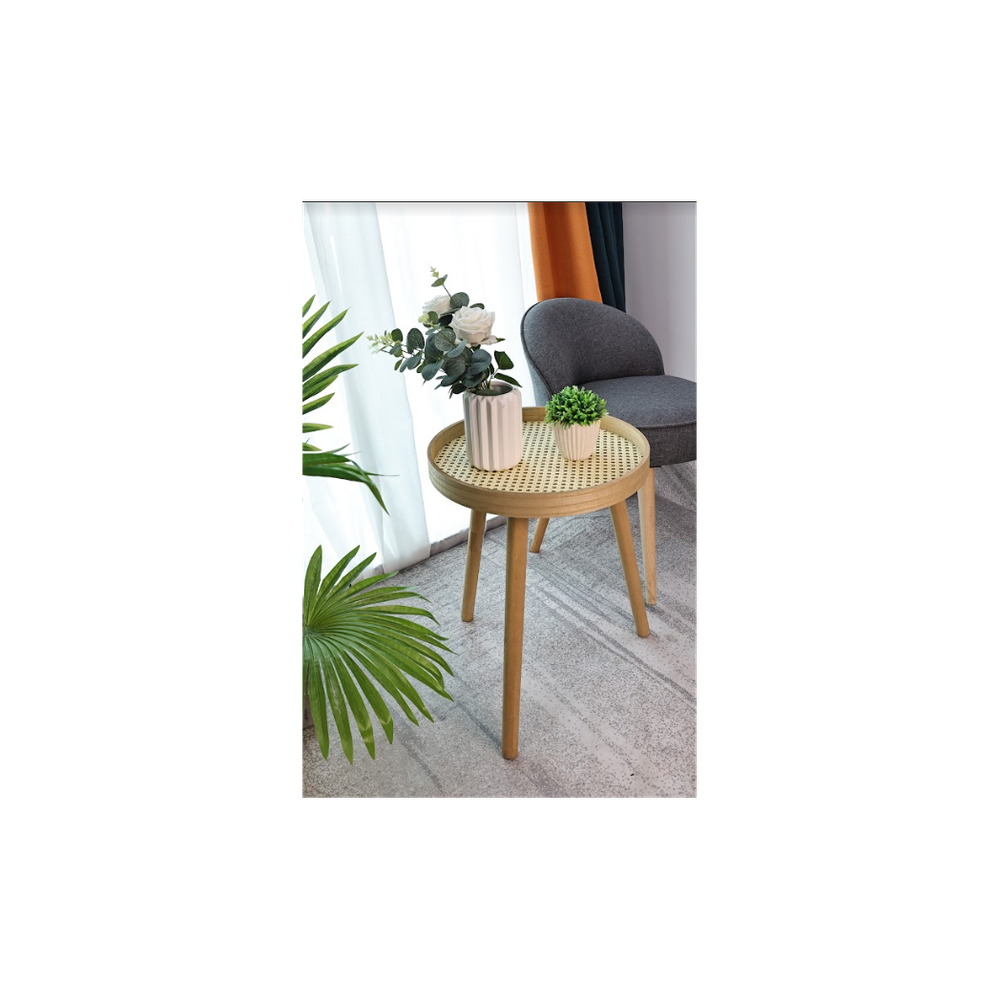 SHLEDECOR Cane Side Table With Rattan Circle Round Table - Solid Matte Oak Finish Legs - Sofa Table Stool End Table