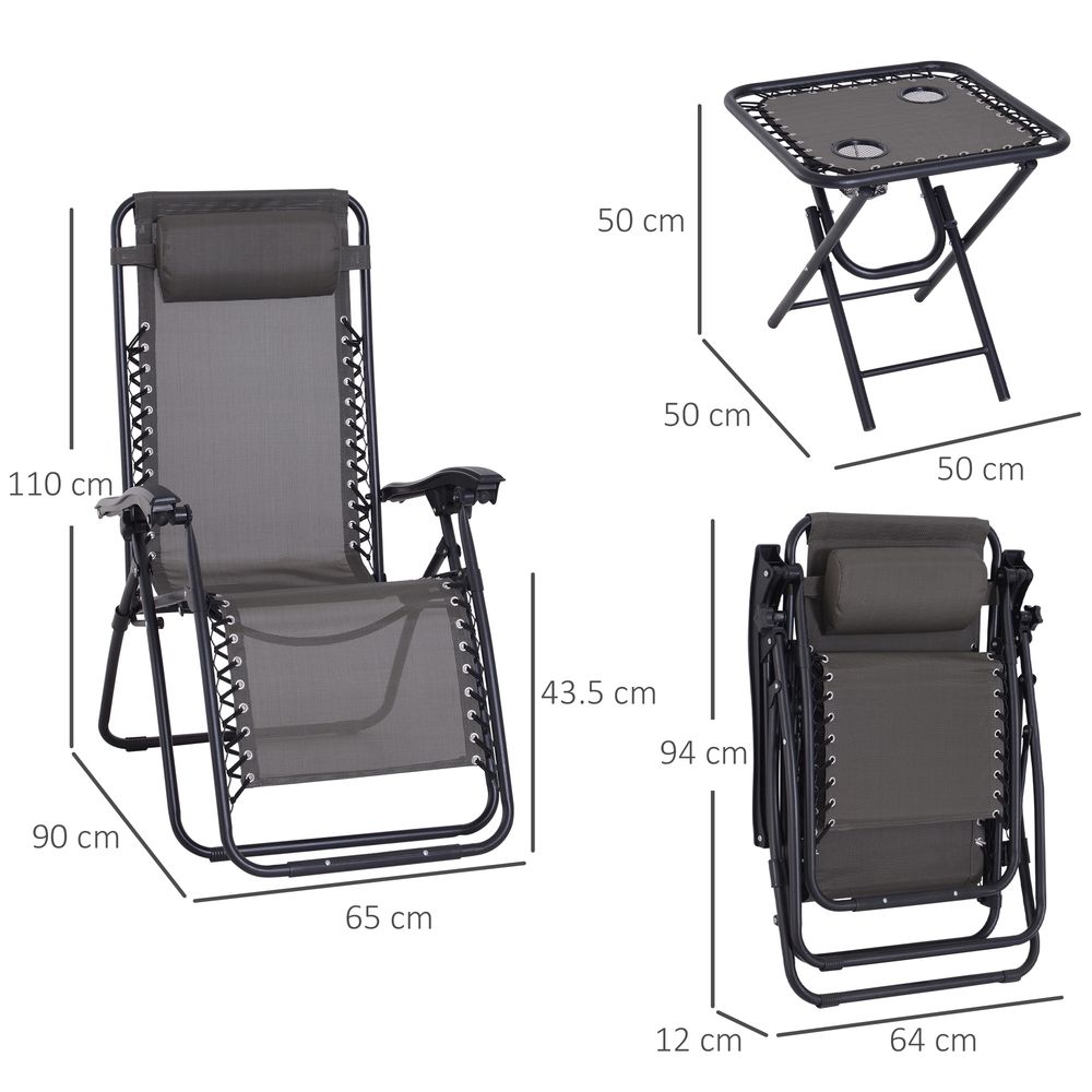 Premium 3PC Zero Gravity Chairs Sun Lounger Table Set Cup Holders | Dark Grey Outsunny