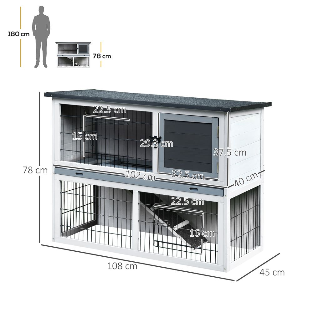 PawHut 2-Tier Wooden Rabbit Hutch Guinea Pig House Bunny Cage Backyard w/Openable Roof Small Animal House for Outdoor Grey, 108 x 45 x 78 cm