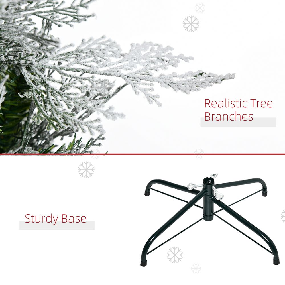 HOMCOM 6 Ft Snow Flocked Artificial Christmas Tree Xmas Pine Tree with Realistic Branches, Auto Open and Steel Base, Green