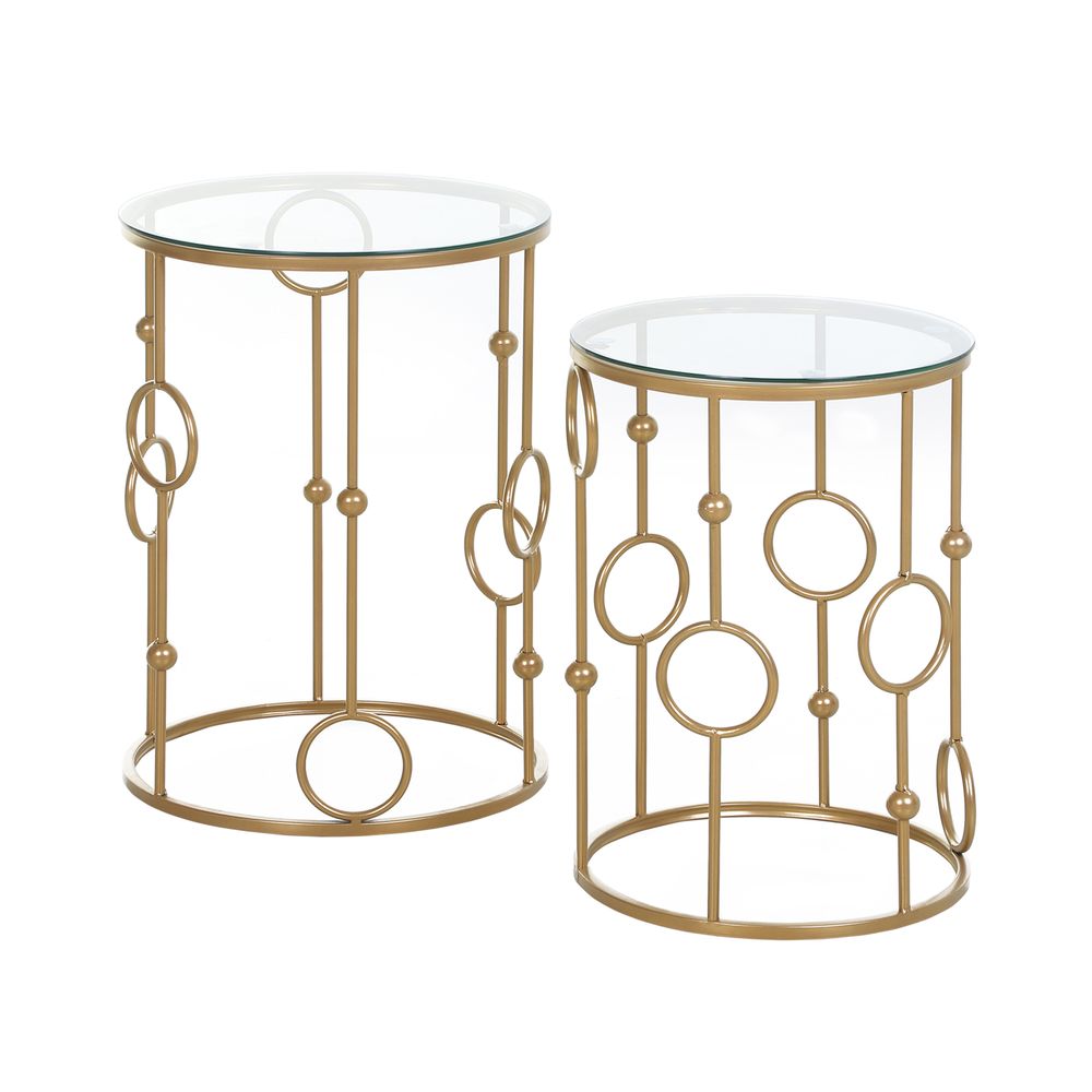HOMCOM Round Coffee Tables Set of 2, Gold Nesting Side End Tables with Tempered Glass Top, Steel Frame for Living Room, Gold E