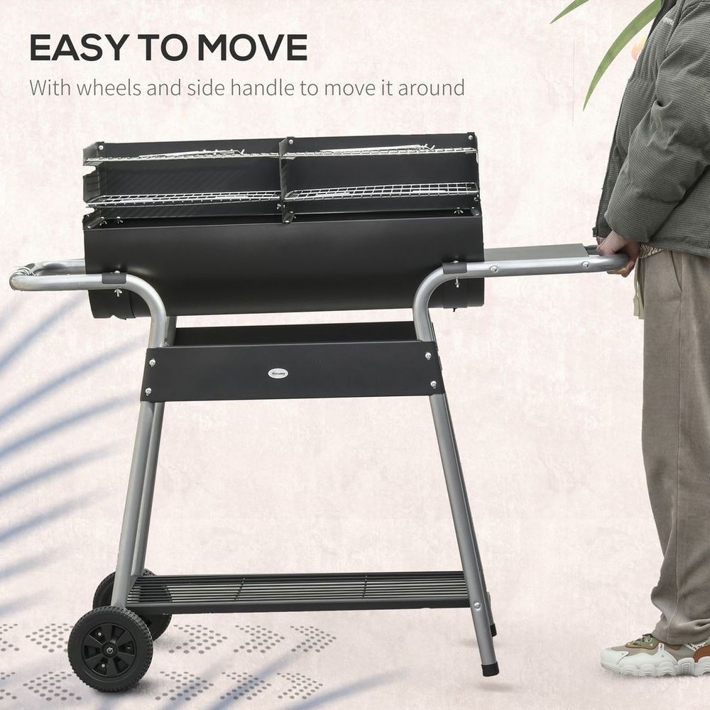 Outsunny Charcoal BBQ Grill - Double Grill, Table, Storage Shelf & Wheels - High-Quality Steel