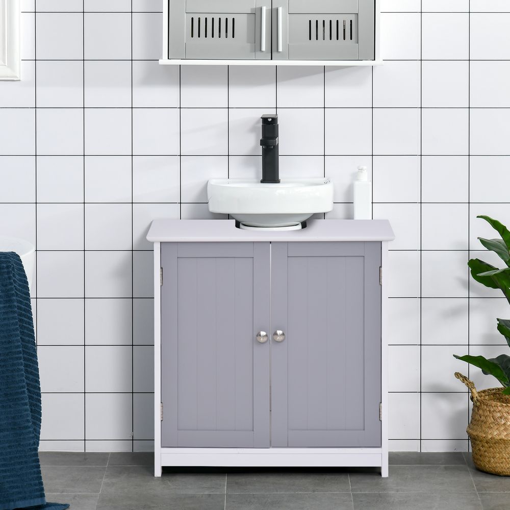 kleankin 60x60cm Under-Sink Storage Cabinet w/Adjustable Shelf Handles Drain Hole Bathroom Cabinet Space Saver Organizer White and Grey