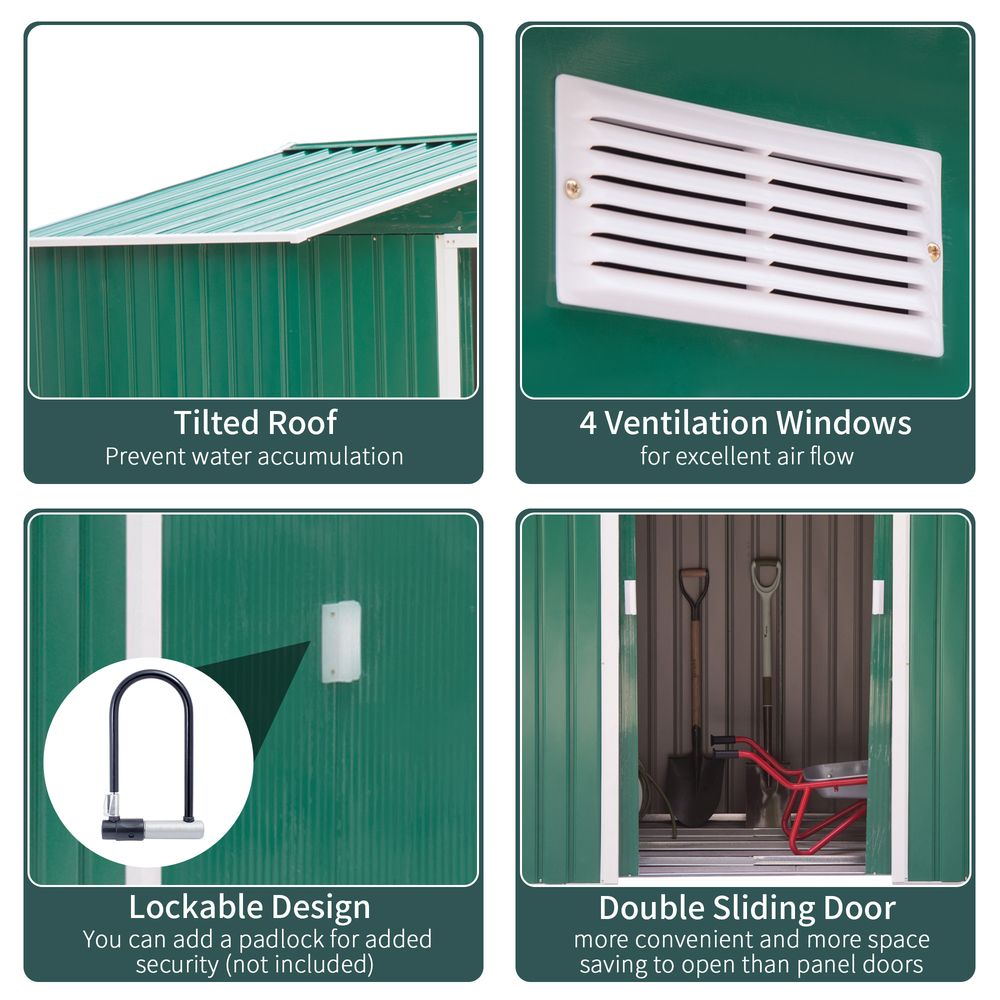 Outsunny 7 x 4ft Metal Garden Shed, Outdoor Storage Tool House with Ventilation Slots, Foundation Kit and Lockable Double Doors, Green