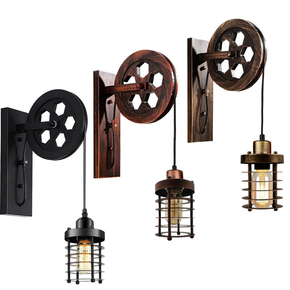 Vintage Industrial Adjustable Pulley Wheel Wall Mounted Light ~1222
