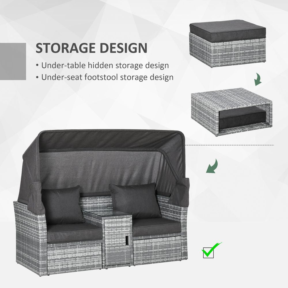 PE Rattan Daybed 2-Seater Sofa Footstool Tempered Glass Table
