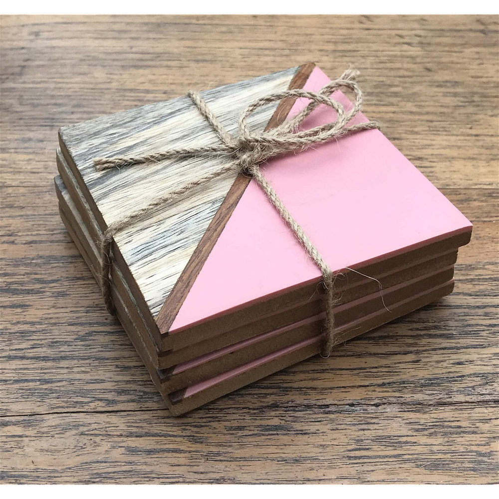 Pink Square 2-Toned Wooden Coasters - Set of 4 | Quality Resin Finish | Decorative & Functional | Best Gift