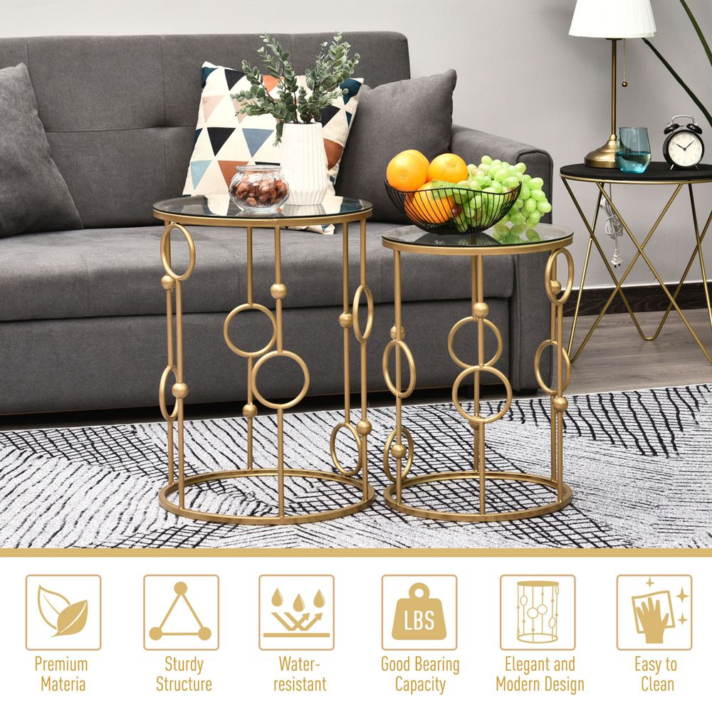 HOMCOM Round Coffee Tables Set of 2, Gold Nesting Side End Tables with Tempered Glass Top, Steel Frame for Living Room, Gold E