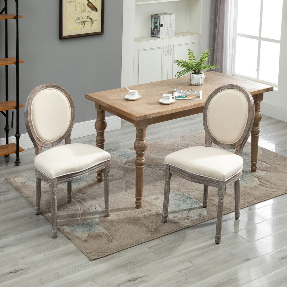 HOMCOM Set of 2 Elegant French-Style Dining Chairs w/ Wood Frame Foam Seat Cream