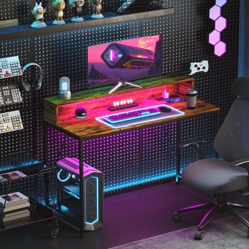 HOMCOM Computer Desk with LED Lights, Study Table with Shelf, Rustic Brown