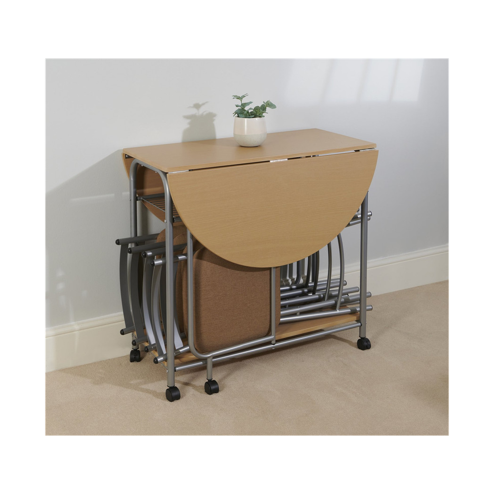 Greenhurst Stowaway Dining Set, Drop Down Table & 4 Folding Chairs, Max Table Size: L115 x D84 x H80cm (Oak and Silver)