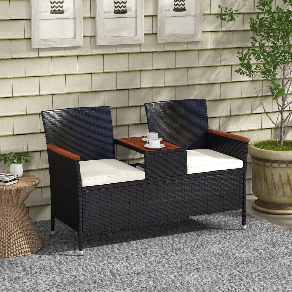 Outsunny Rattan Garden Bench - Wood Top Table - Wicker Chair - Cushions - Outdoor Furniture