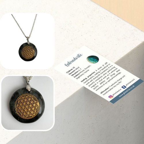 Disc Pendant & Flower of Life Design with Silver Chain, 3cm, Labradorite