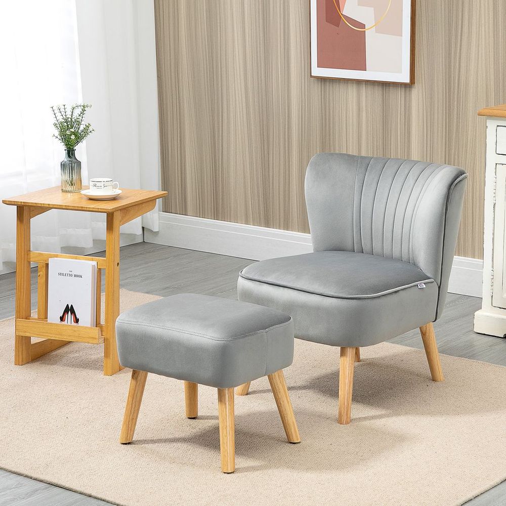 Luxury Velvet Accent Chair w/ Ottoman - Plush Padding, Wood Legs - Light Grey
