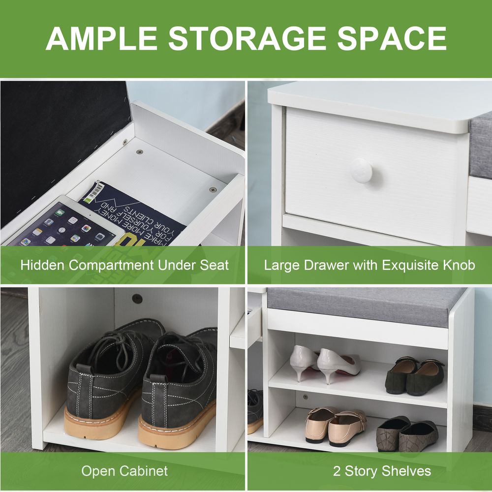 HOMCOM Multi-Storage Shoe Bench w/Drawer 3 Compartments Cushioned Home Organisation Furniture Tidy Boots Hallway Entryway White
