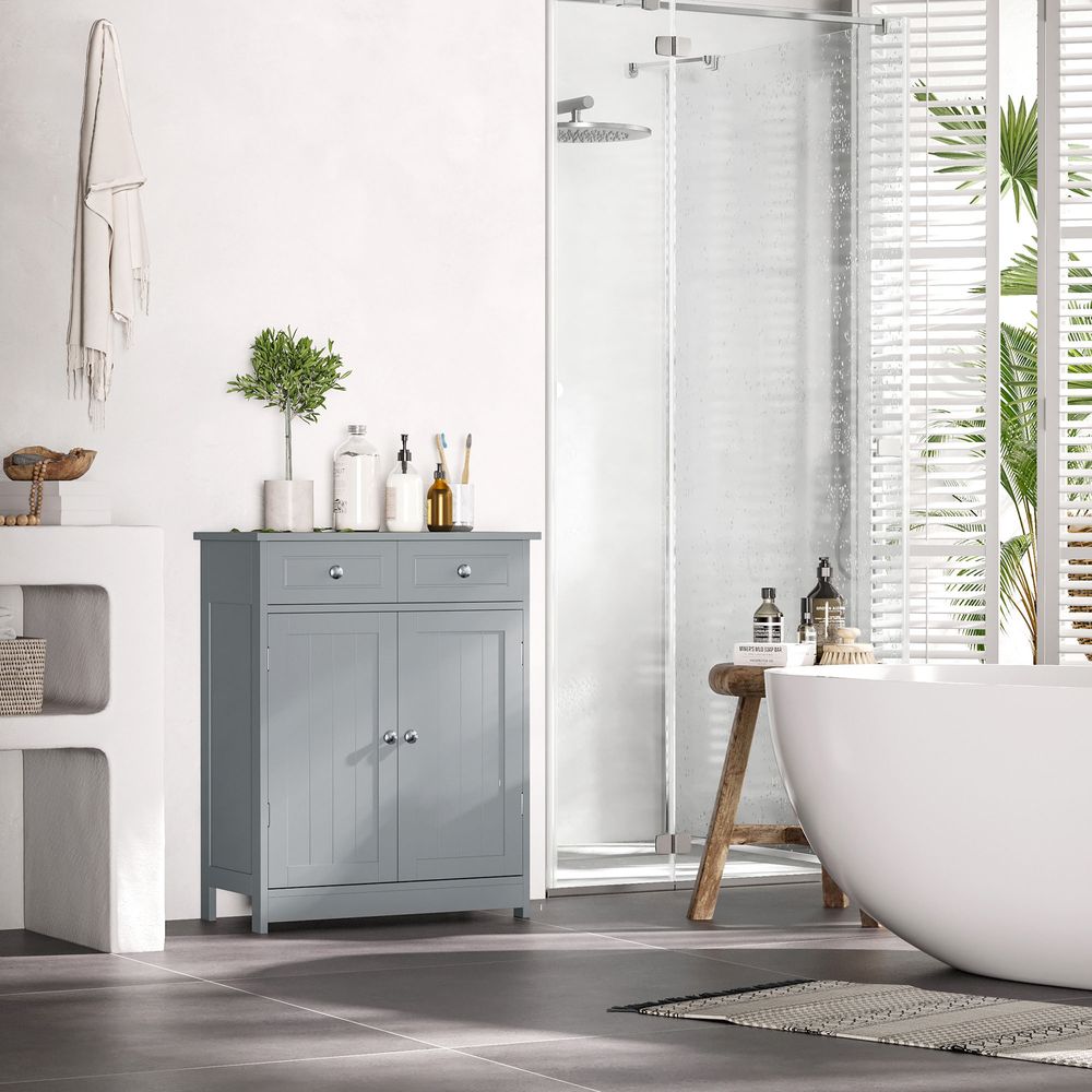 kleankin Bathroom Floor Storage Cabinet w/ 2 Drawers Door Cupboard Grey