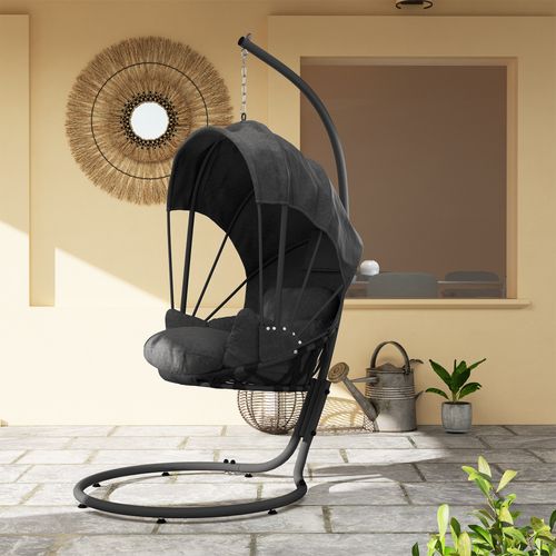 Outsunny Hanging Egg Chair w/ Stand Retractable Canopy, Grey