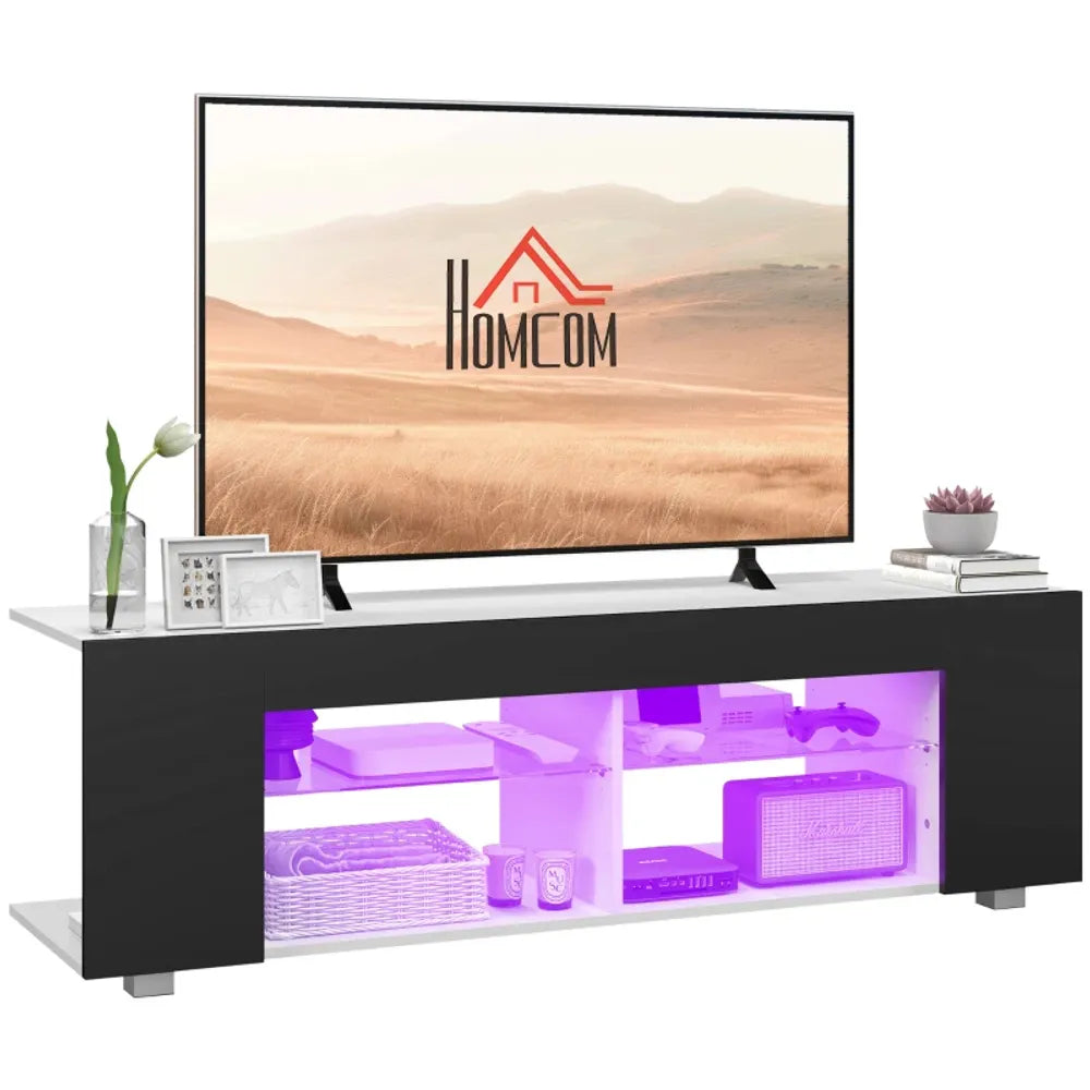 HOMCOM TV Stand 145cm TV Unit with Glass Shelves RGB LED Light for 60"TV White