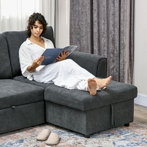 HOMCOM 3 Seater Sofa Bed, Convertible Pull Out Sofa with Storage, Dark Grey