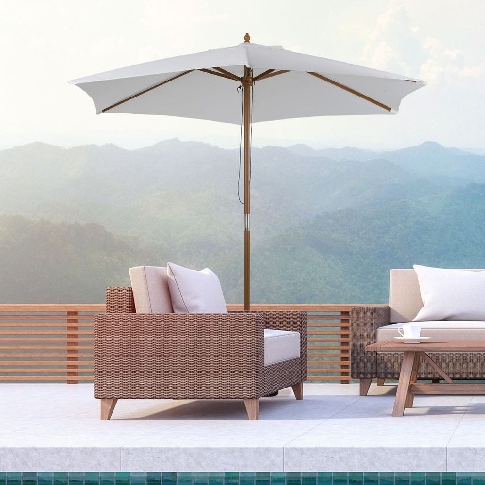 Outsunny Wood Garden Parasol Umbrella: Sun Shade, Patio, Outdoor Canopy. High quality & durable materials. Beat rain, wind, & enjoy your oasis.