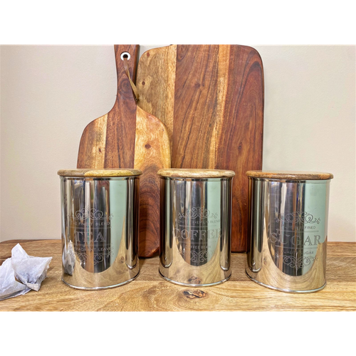 Set Of Three Silver Tea Coffee Sugar Containers