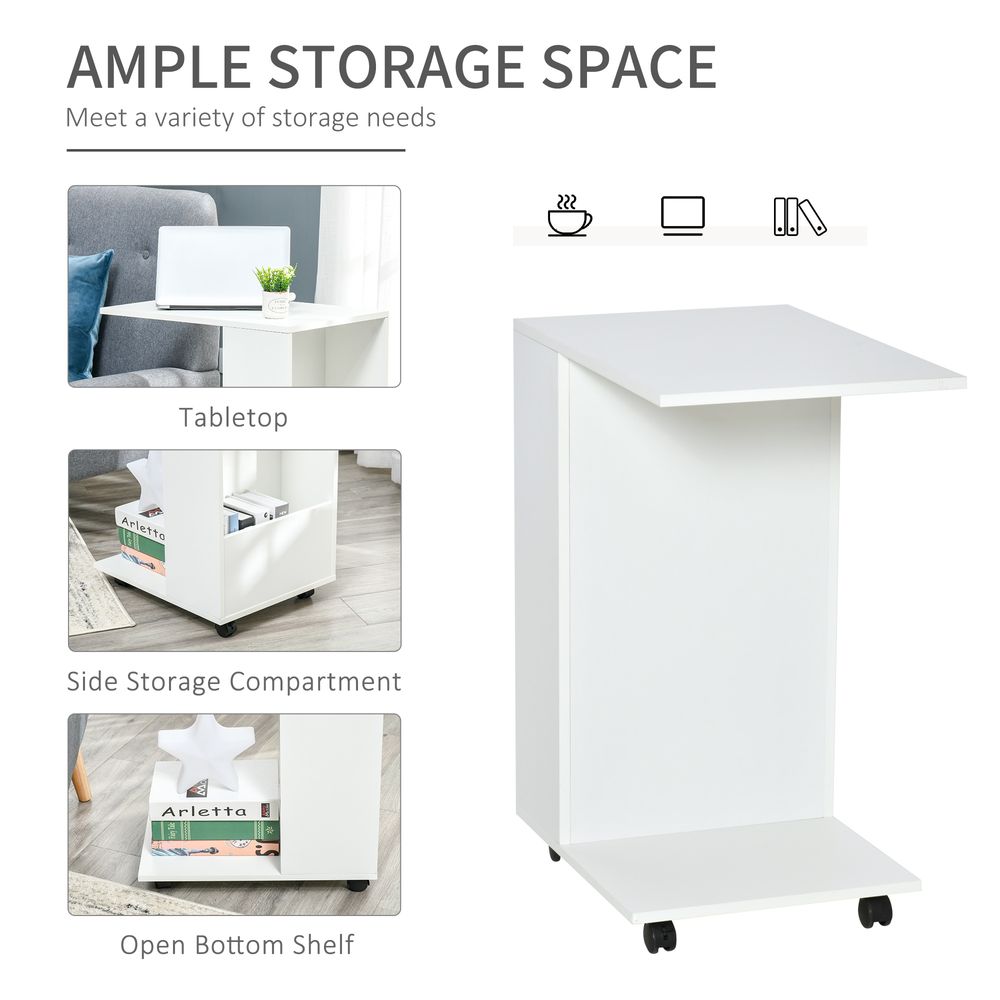 Mobile Sofa Side Table C-Shape End Table  White