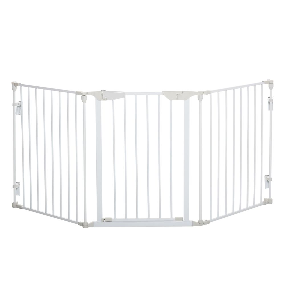 Premium Pet Safety Gate - 3-Panel Metal Fence w/ Door - White