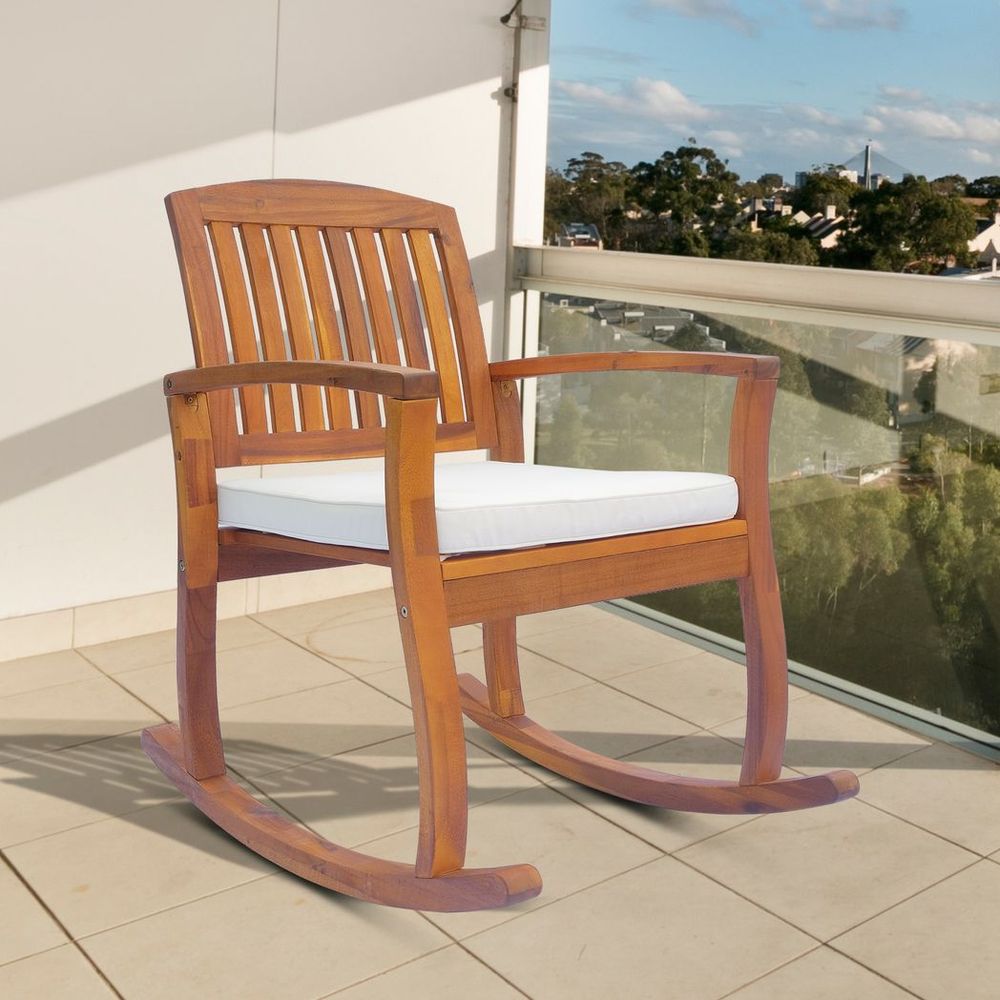 Premium Outsunny Rocking Chair - Acacia Hardwood Deck - Indoor Outdoor Cushion - Durable & Comfortable