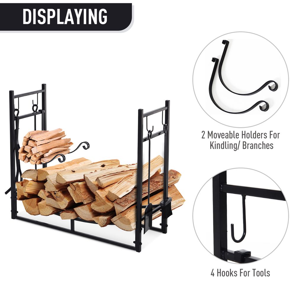 Premium Firewood Stand & 4-PC Fireplace Tools Set - 84cm Log Rack Holder - High-Quality, Durable Metal Construction