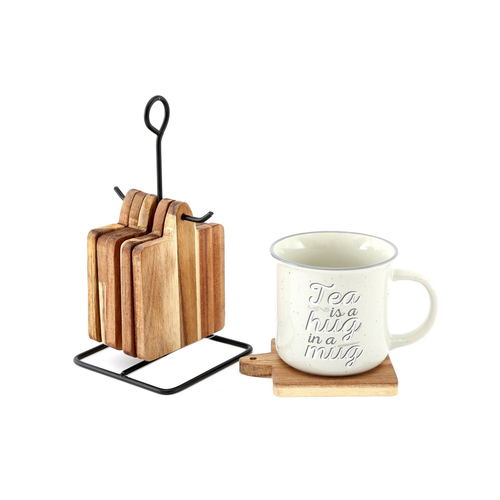 Acacia Coasters With a Black Metal Stand, Set Of 6