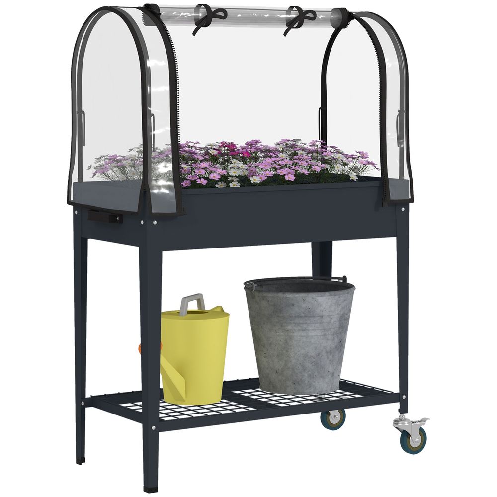 Outsunny Mobile Raised Garden Bed w/ Greenhouse & Bottom Shelf - Dark Grey