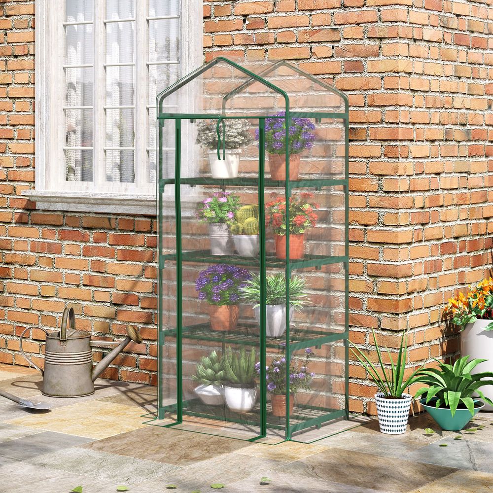 Outsunny 4 Tiers Mini Portable Greenhouse Compact Plant Grow Shed Metal Frame PE Cover 160H x 70L x 50Wcm