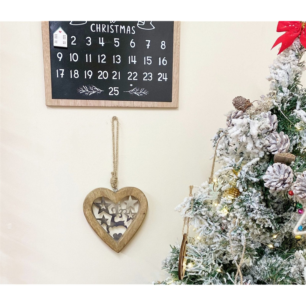 Artisanal Wood Heart: Metal Reindeer & Stars