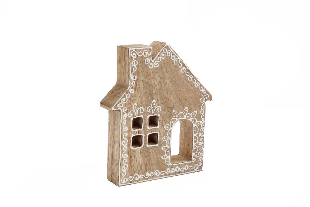 Beautifully Decorated Wooden Gingerbread House - Handcrafted Mango Wood - D2.5 x H14.5 x W13cm