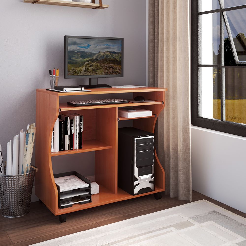 Portable Computer Desk with Storage Shelf | Wheels | Cherry Wood