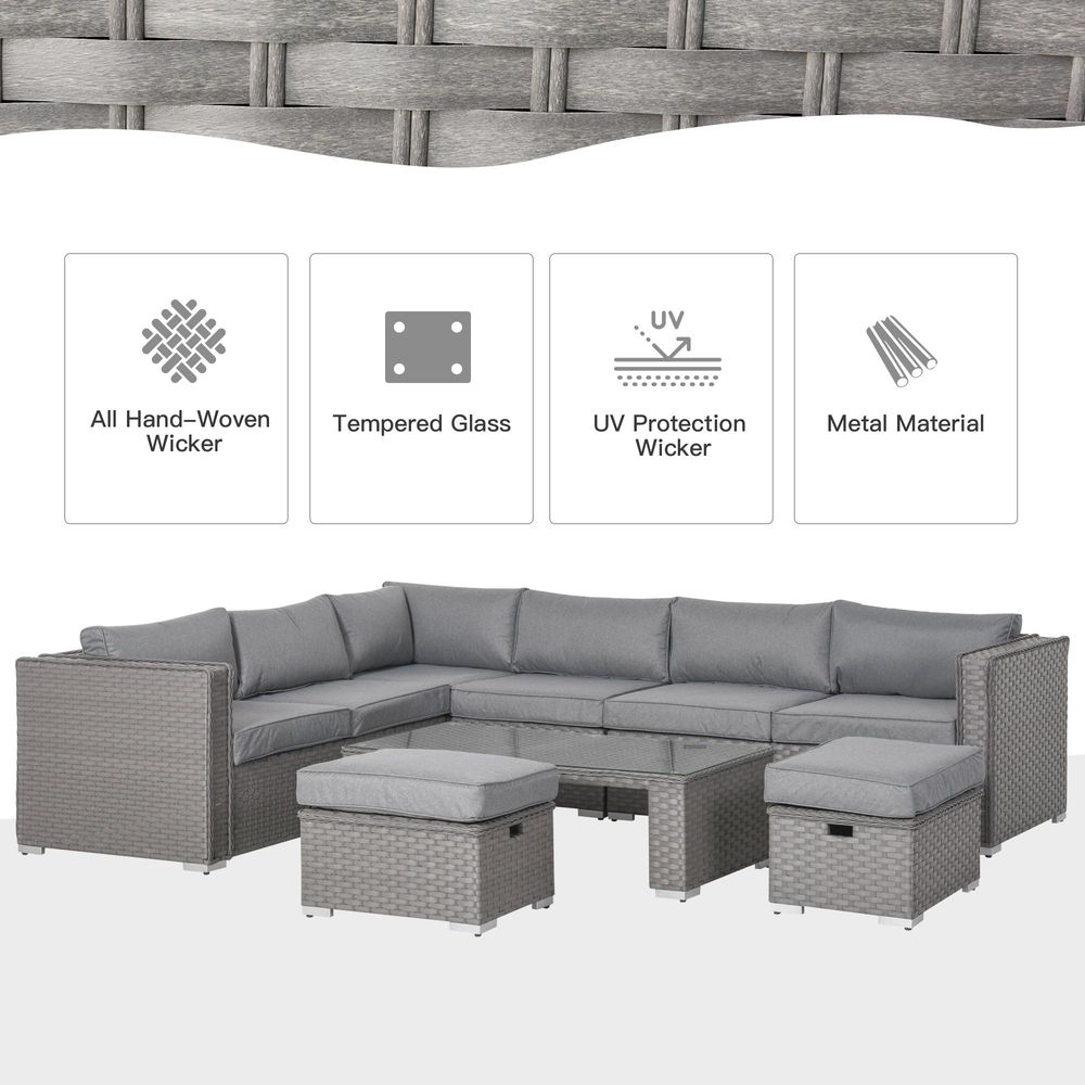 6 PCs PE Rattan Wicker Corner Sofa Set - Grey | Coffee Table & Footstool w/ Cushion | Outdoor Furniture for Garden & Patio