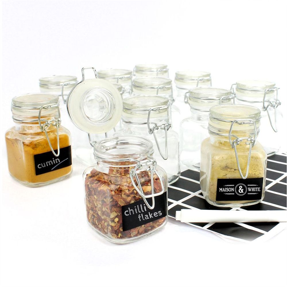Premium Vintage Glass Spice Jars - Set of 12 | Airtight Metal Clip Top | Label and Chalk Pen Included