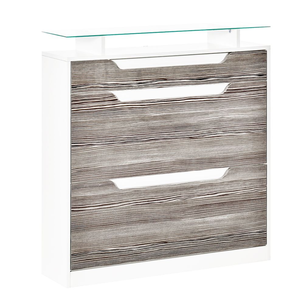 Shoe Cabinet w/ 3 Drawers High Gloss Storage Cupboard w/ Glass Top Grey