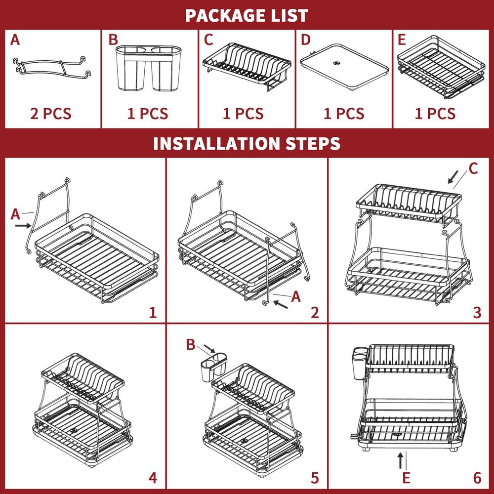 VINSANI BLACK DISH RACK 1010248 - Modern 2-Tier Design with Auto Drainage System - Large Capacity & Durable Quality - Easy Assembly