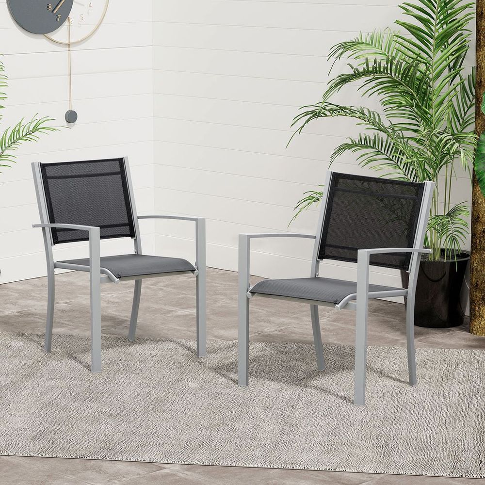 Outdoor Mesh Seat Bistro Chairs | Set of 2 Grey Chairs | Patio Dining Chair | High Quality Design | Sturdy Steel Frame